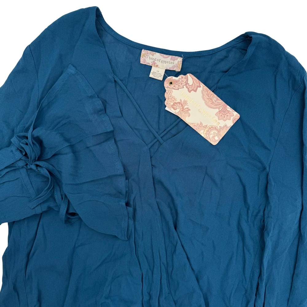 Band of Gypsies Teal Crisscross‎ V-Neck Hi Lo Long Sleeve Blouse Top Size XS NEW